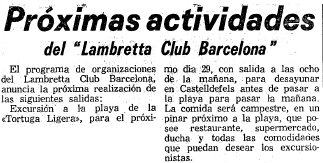 Notcia de l'excursi del Lambretta Club Barcelona a la 'La Tortuga Ligera' de Gav Mar publicada al diari EL MUNDO DEPORTIVO (25 de Maig de 1965)